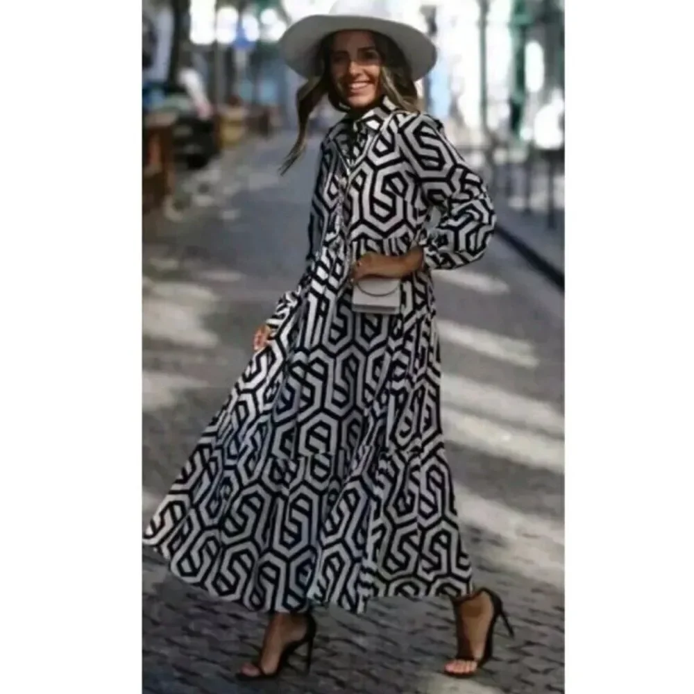 ZARA GEOMETRIC PRINT MIDI DRESS - Picture 1 of 4